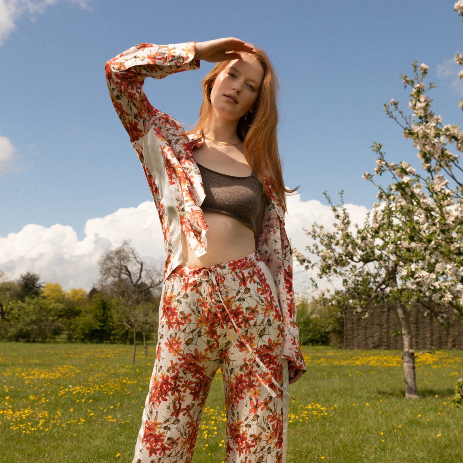 Bertioli By Thyme Silk Trousers In Wild Rose With Stripe
