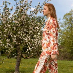 Bertioli By Thyme Silk Trousers In Wild Rose With Stripe