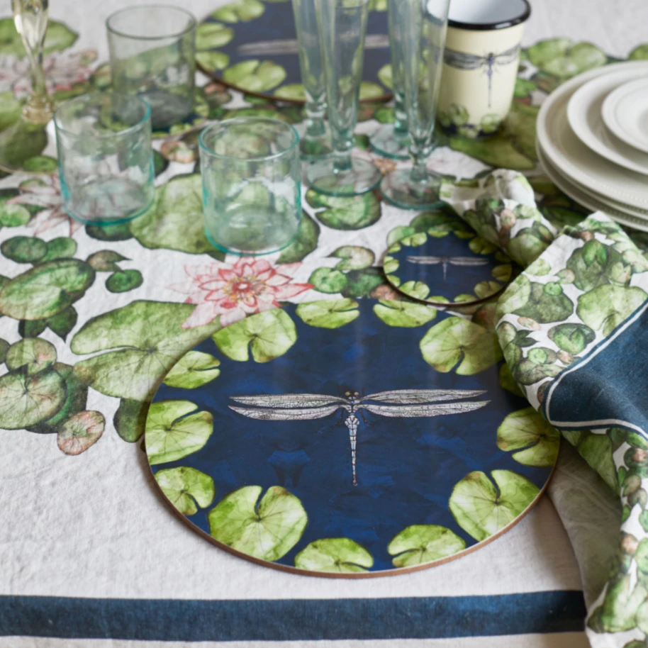 Bertioli By Thyme Table Linens Pre-Order Dragonfly And Waterlily Table Cloth